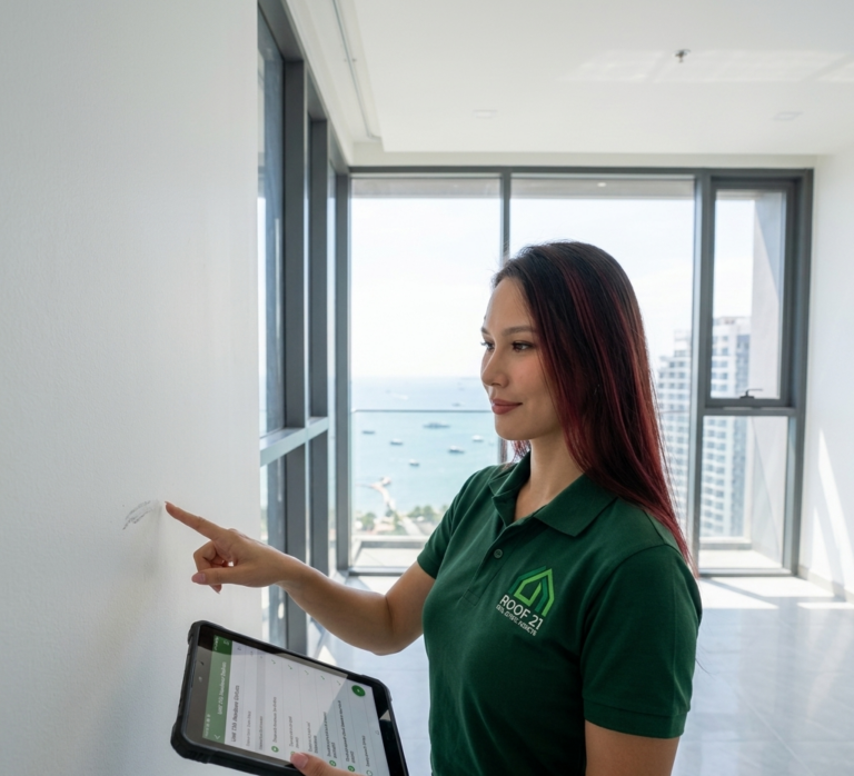 Inspector holding a digital checklist during a professional condo defect handover inspection Pattaya.