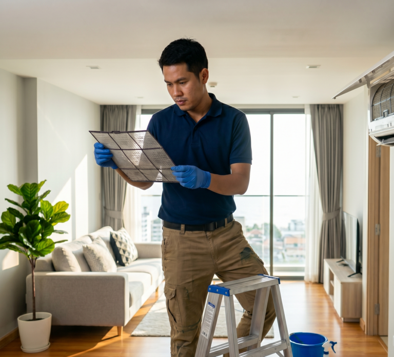 Certified HVAC technician performing deep professional AC servicing Pattaya in a local condo.
