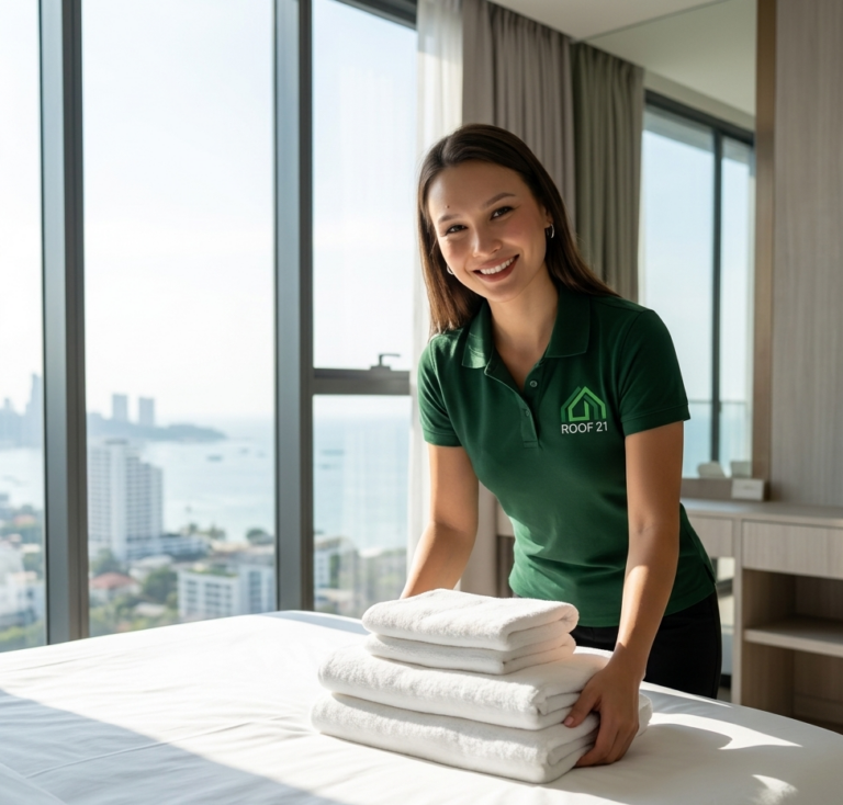 ROOF21 cleaner folding fresh white towels as part of our professional laundry service Pattaya.