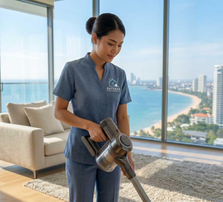 Professional maid vacuuming a bright condo living room during a standard routine cleaning Pattaya service.