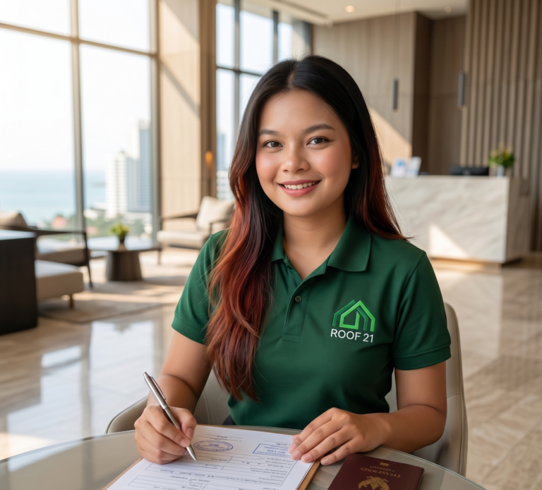 ROOF21 staff member providing professional Pattaya TM30 registration service for a condo owner.